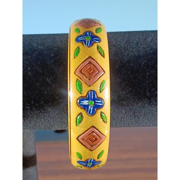 Vtg. Boho Hand Painted Wood Bangle Bracelet Floral/Geometric-Blue, Pink, Green - Picture 4 of 8